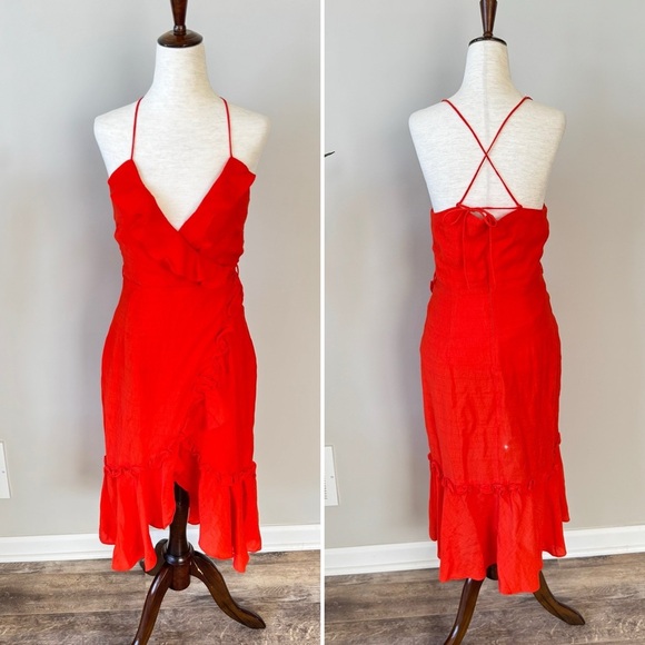 Bardot Zoe Ruffle Faux Wrap Ruffle Trim Dress - Orange - Picture 7 of 11